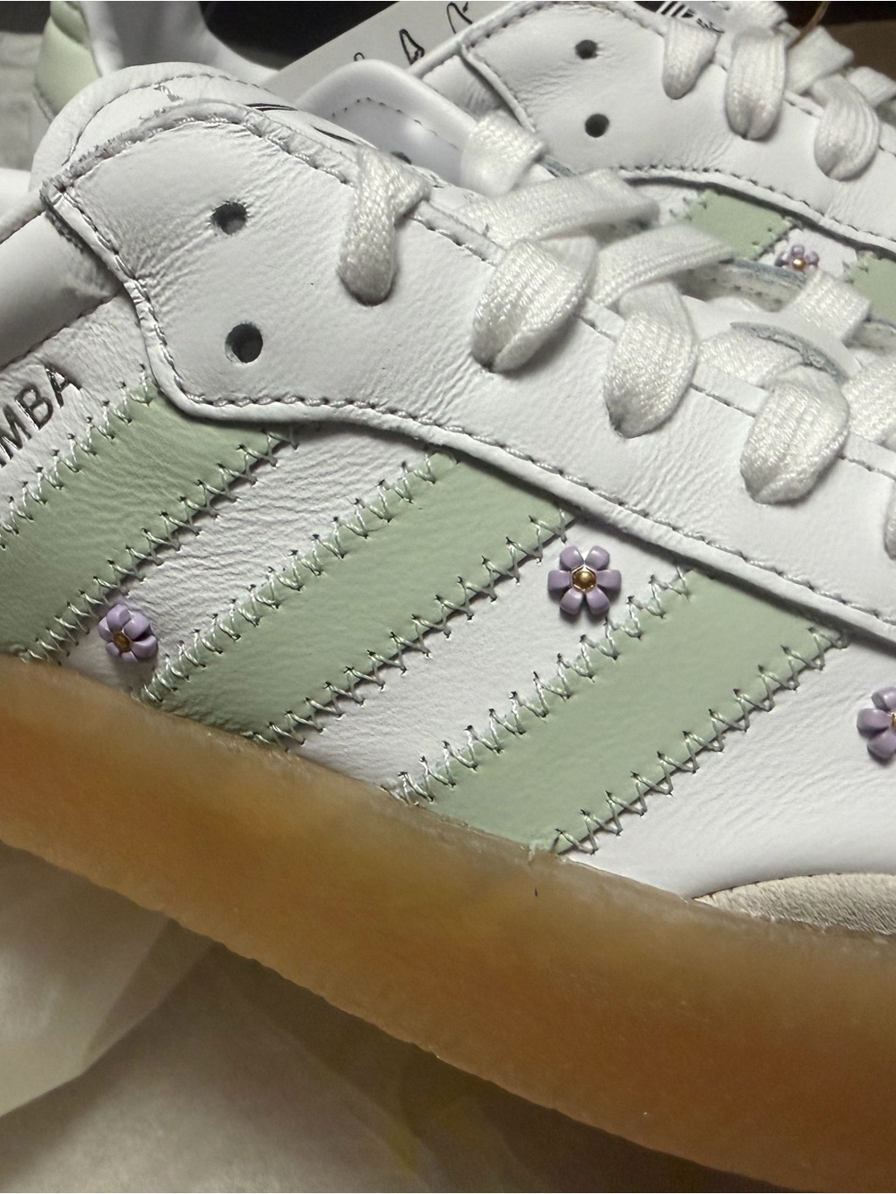 Adidas Samba White Leather Sneakers with Mint Stripes & Lilac Flower Accents NWT - Picture 1 of 7
